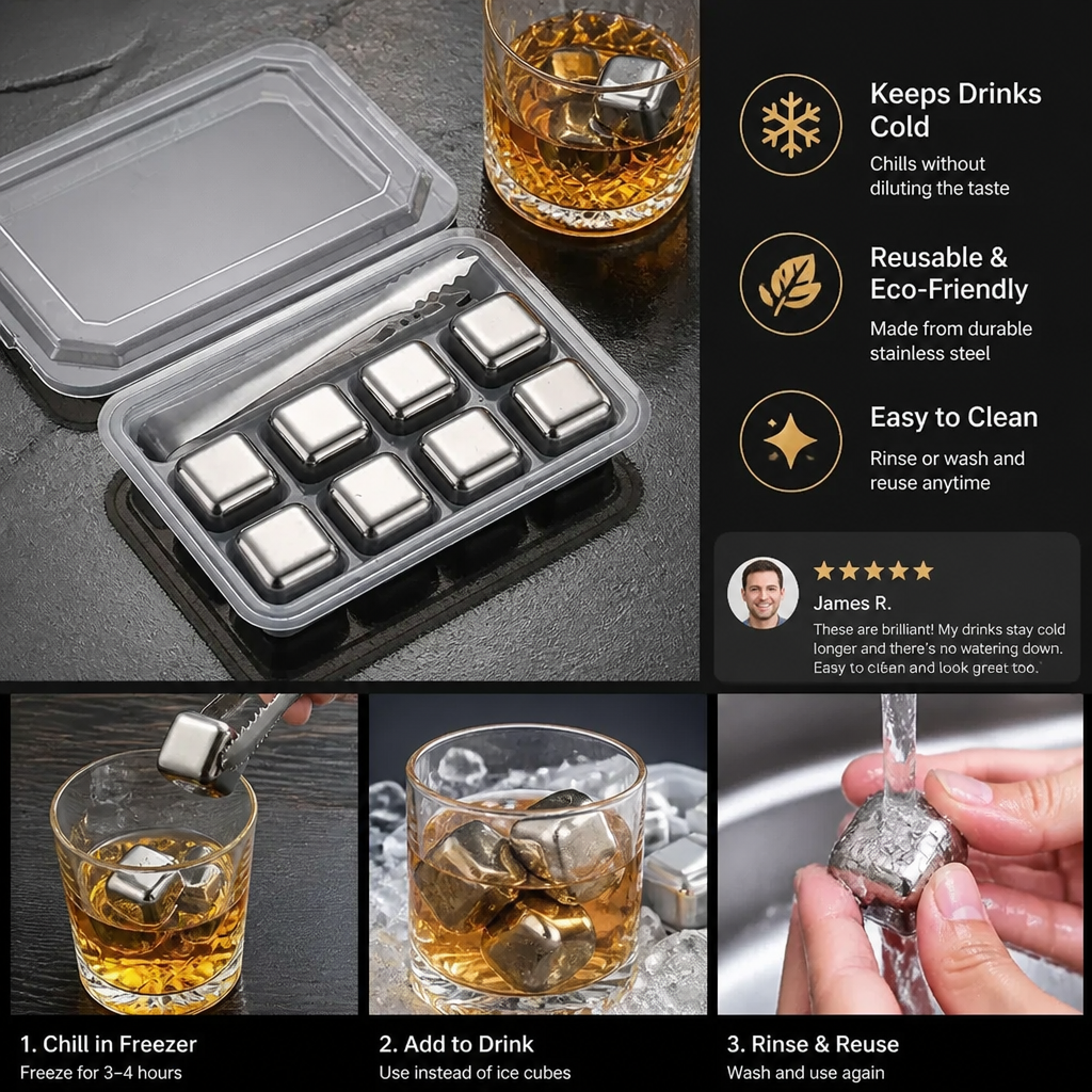 Practical Stainless Steel Ice Cubes – Reusable Cooling Set for Cold Drinks