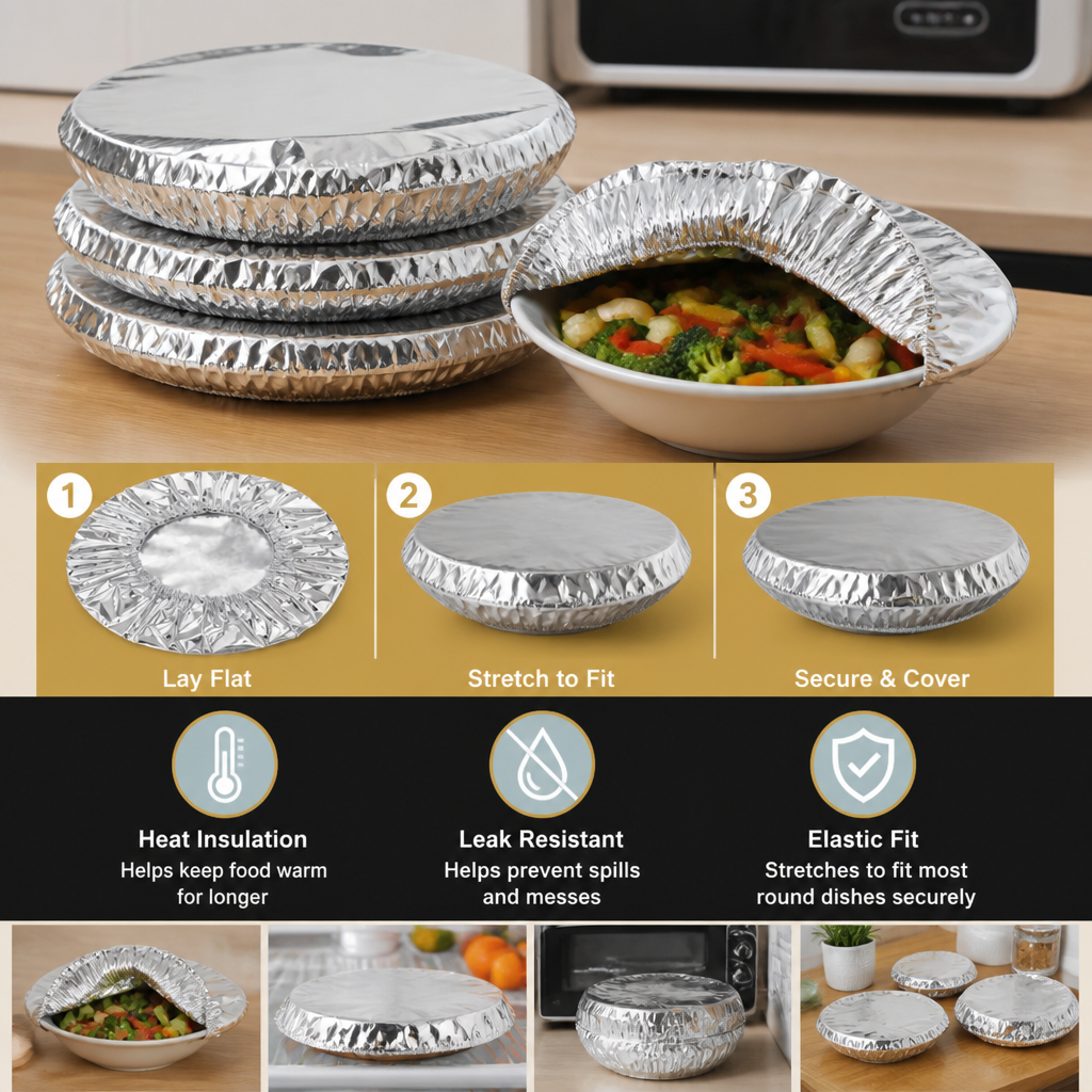 Elastic Aluminum Foil Food Covers – Heat-Insulating Bowl & Plate Covers
