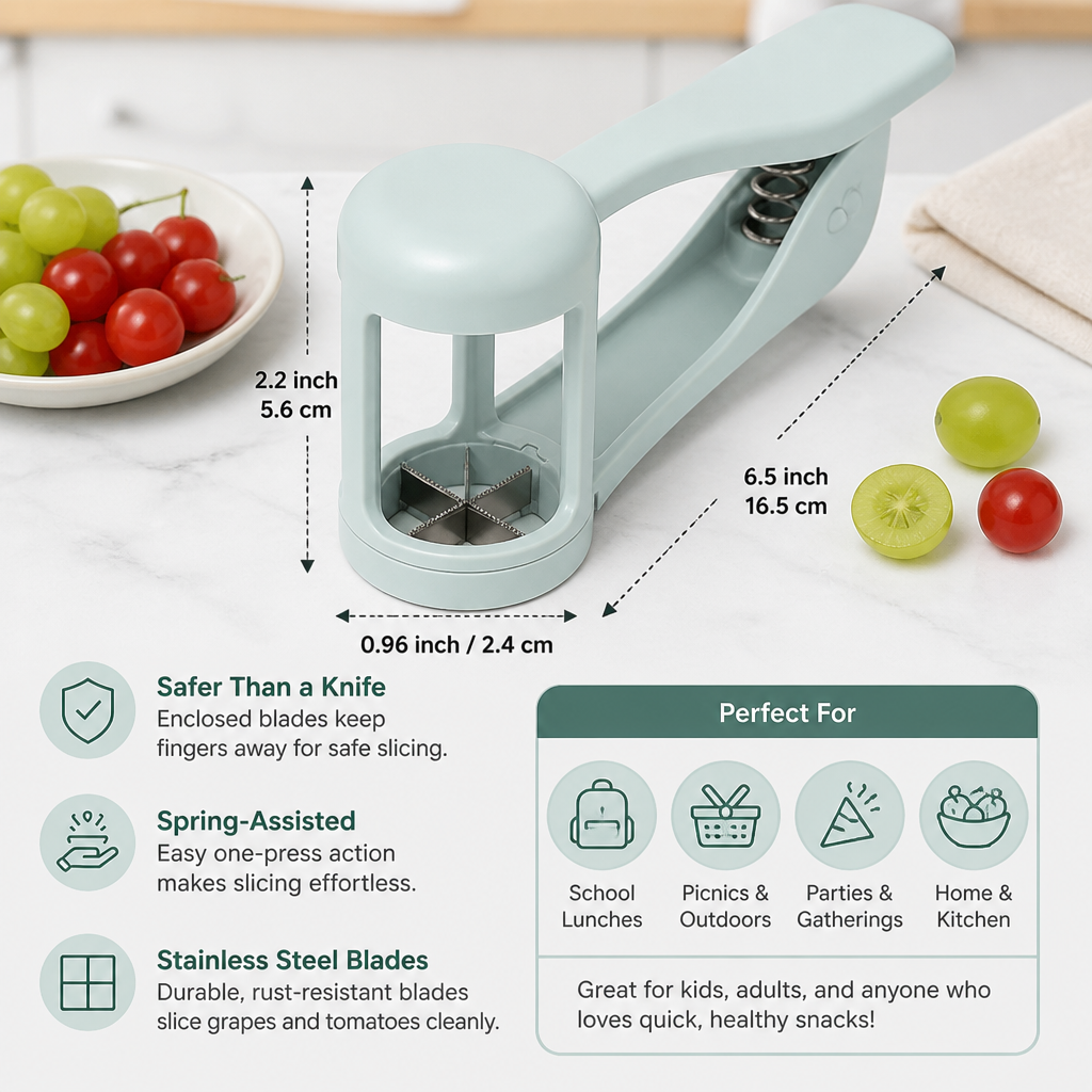 Stainless Steel Grape & Cherry Tomato Cutter – Safe One-Press Quarter Slicer for Toddlers & Kids
