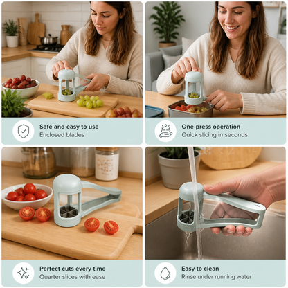 Stainless Steel Grape & Cherry Tomato Cutter – Safe One-Press Quarter Slicer for Toddlers & Kids