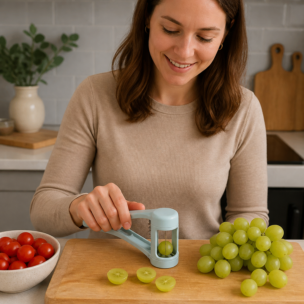 Stainless Steel Grape & Cherry Tomato Cutter – Safe One-Press Quarter Slicer for Toddlers & Kids