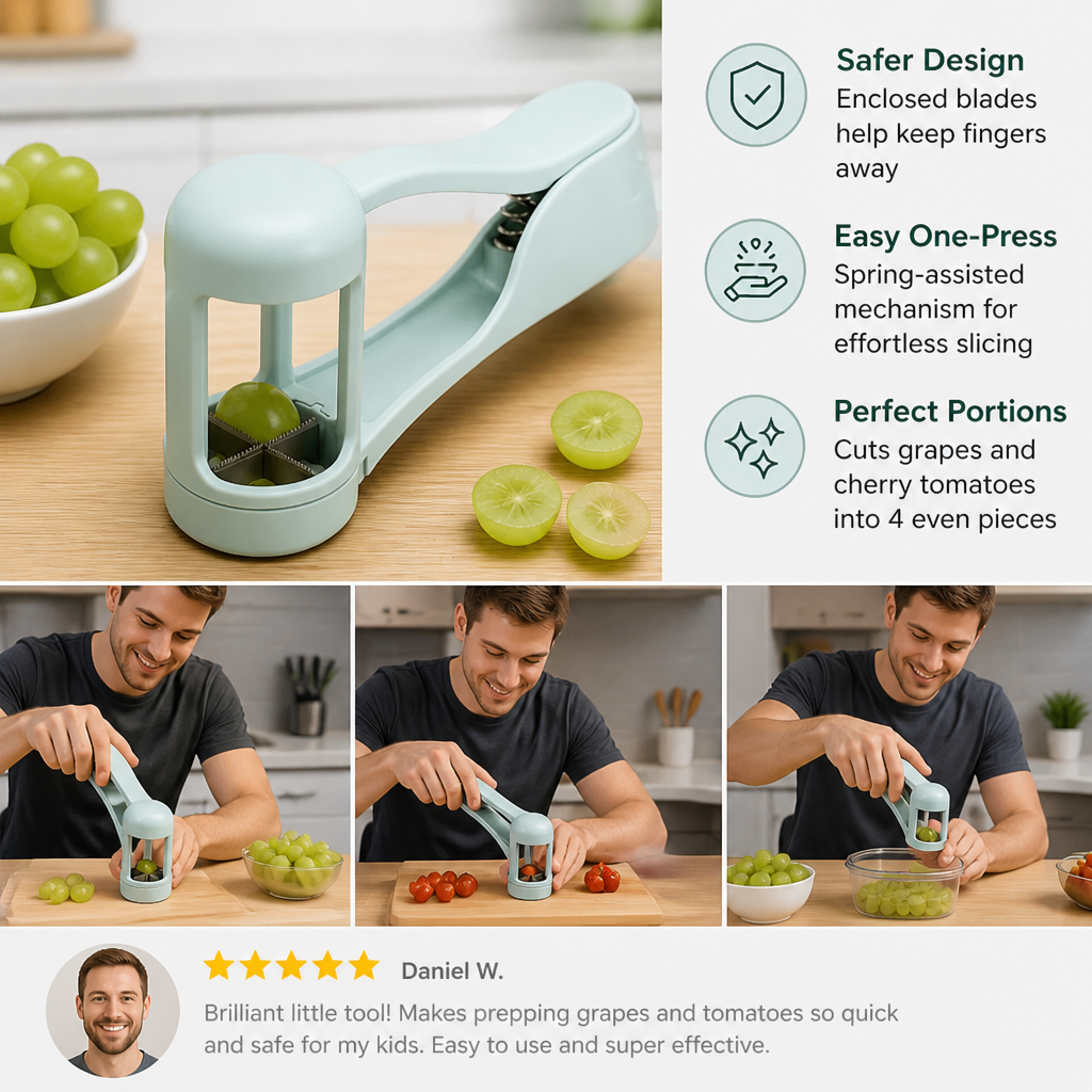 Stainless Steel Grape & Cherry Tomato Cutter – Safe One-Press Quarter Slicer for Toddlers & Kids