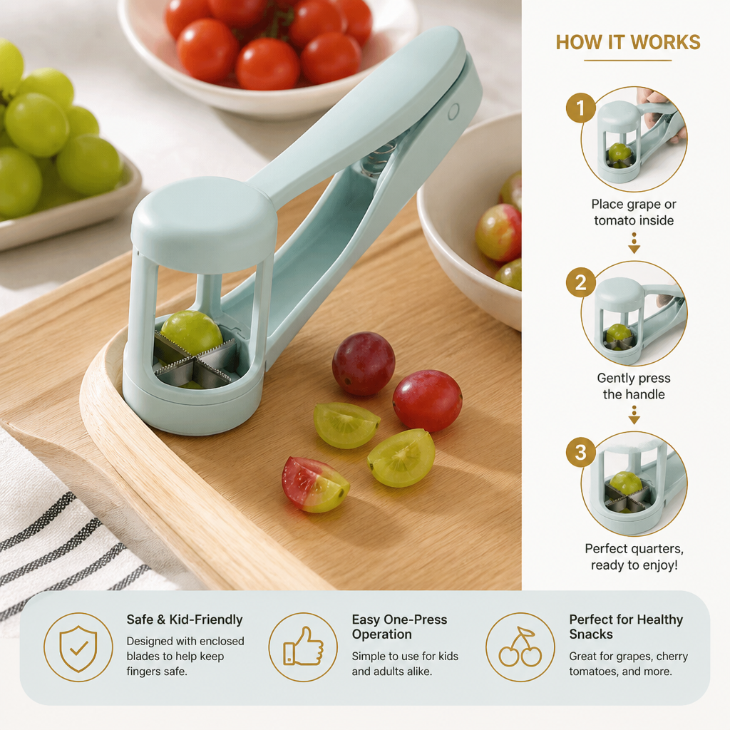 Stainless Steel Grape & Cherry Tomato Cutter – Safe One-Press Quarter Slicer for Toddlers & Kids