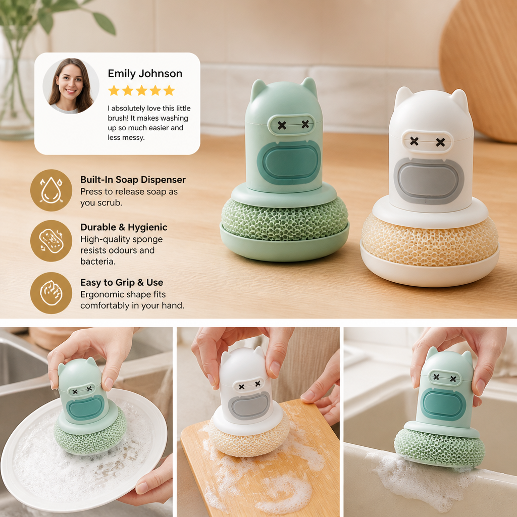 Cute Dish Brush with Built-In Soap Dispenser