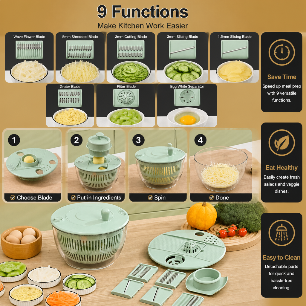 9-in-1 Manual Spinner & Slicer Vegetable and Salad Prep Set