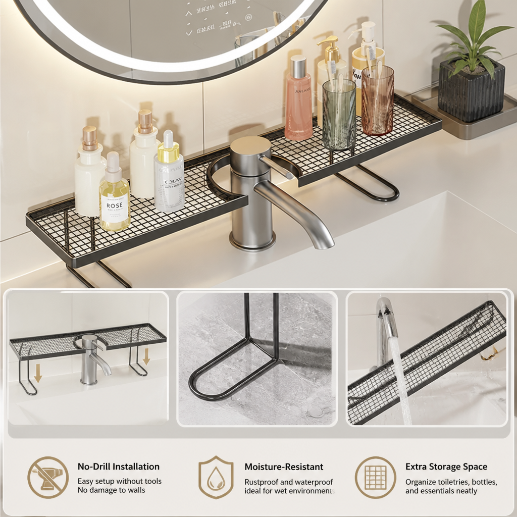 No-Drill Moisture-Resistant Bathroom Countertop Organizer Shelf