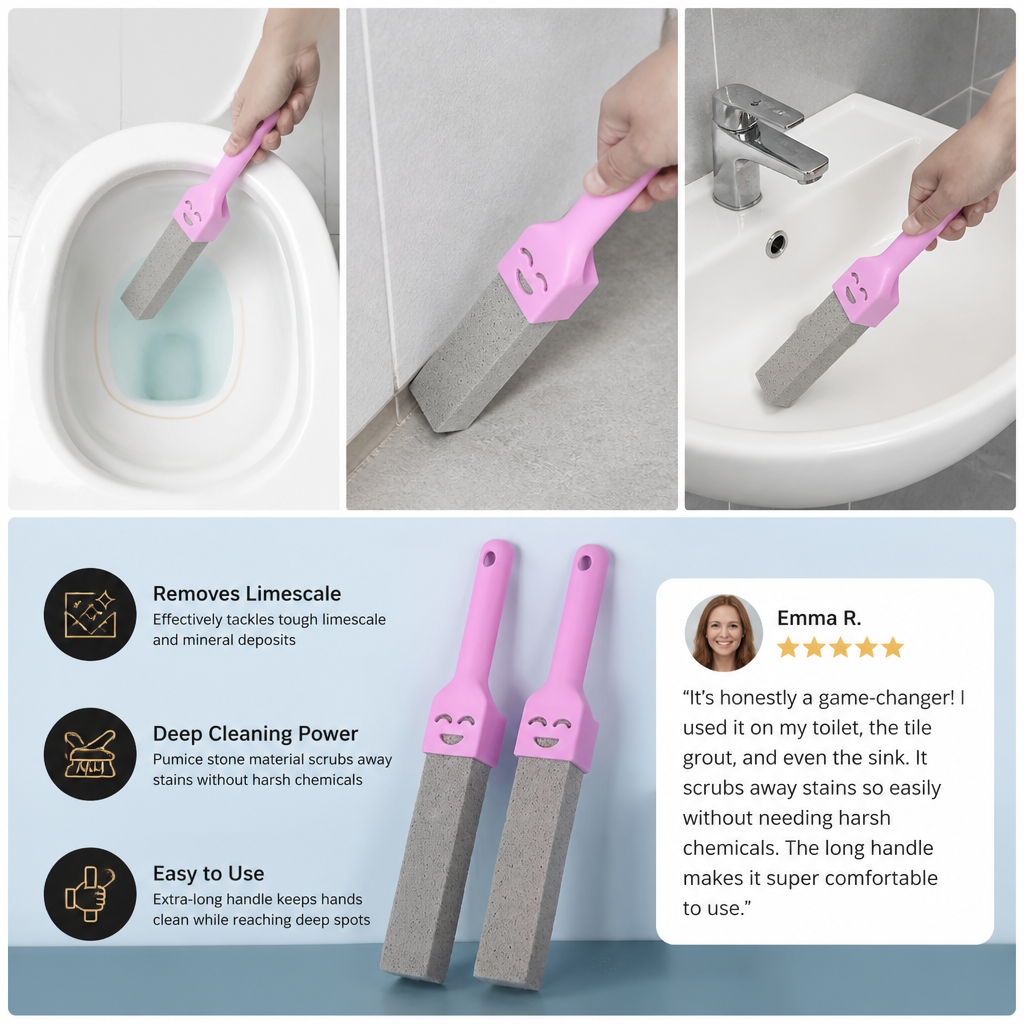 Extra-Long Handle Pumice Stone Toilet Cleaner for Limescale & Stubborn Stains