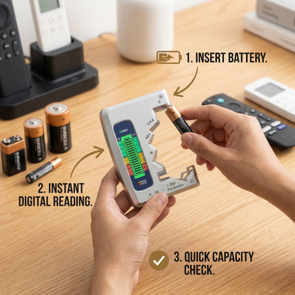 Digital Battery Tester with LCD Display – Capacity Checker for AA, AAA, C, D, 9V & Button Cells