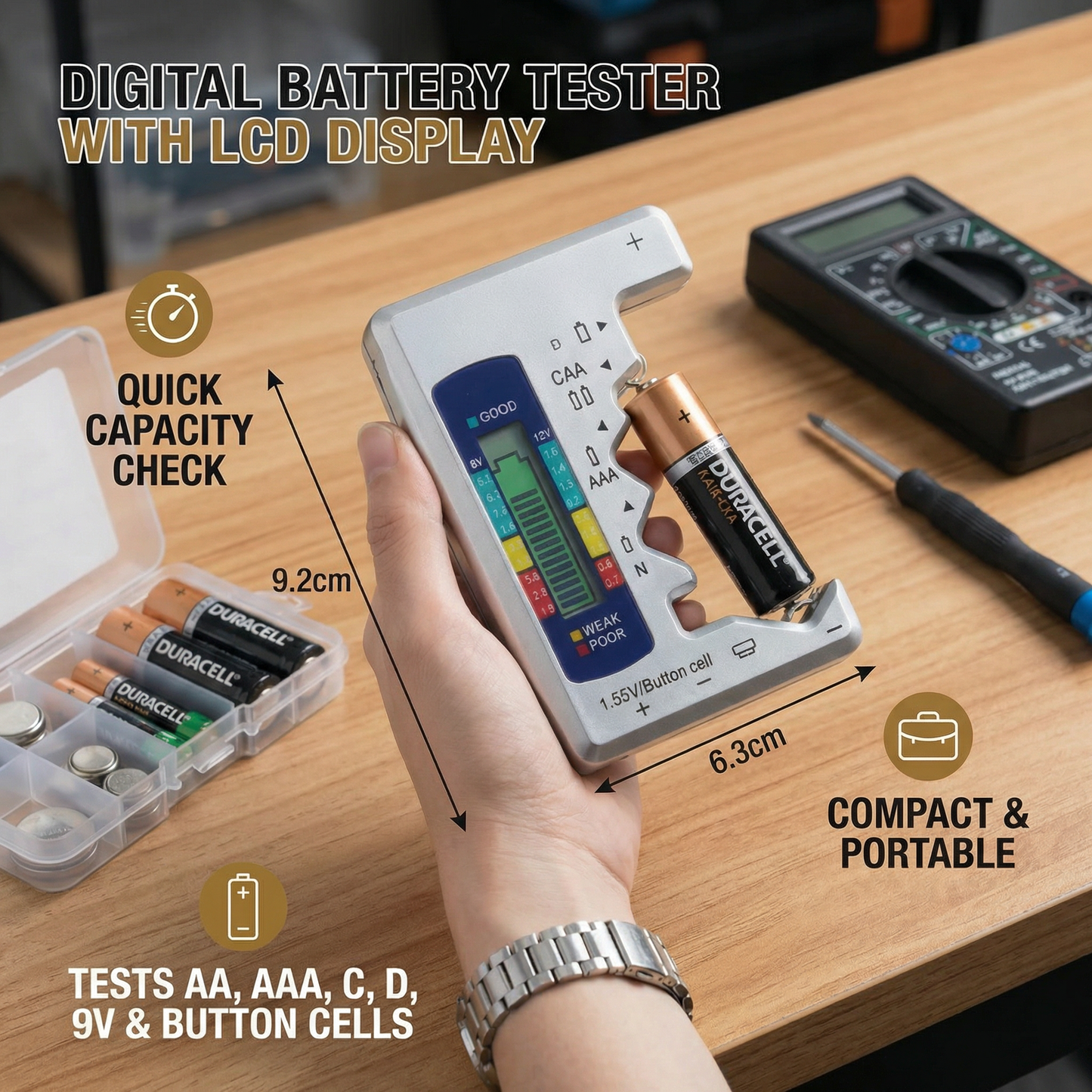 Digital Battery Tester with LCD Display – Capacity Checker for AA, AAA, C, D, 9V & Button Cells