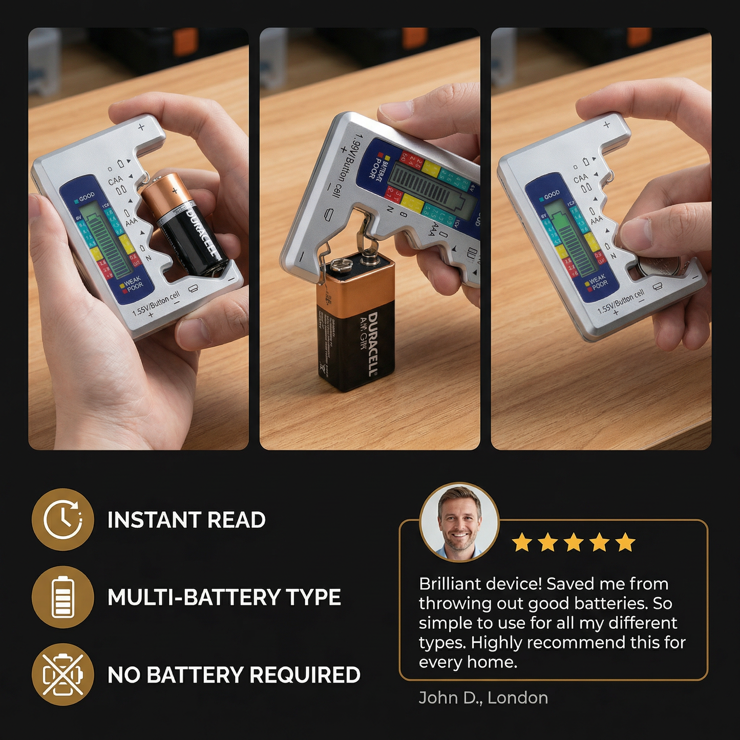 Digital Battery Tester with LCD Display – Capacity Checker for AA, AAA, C, D, 9V & Button Cells