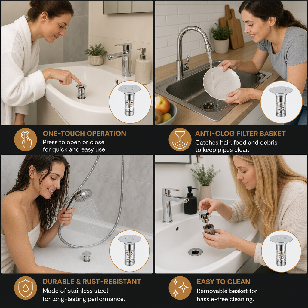 Universal Pop-Up Bathroom Sink Drain Stopper with Hair Catcher & Stainless Steel Filter Basket