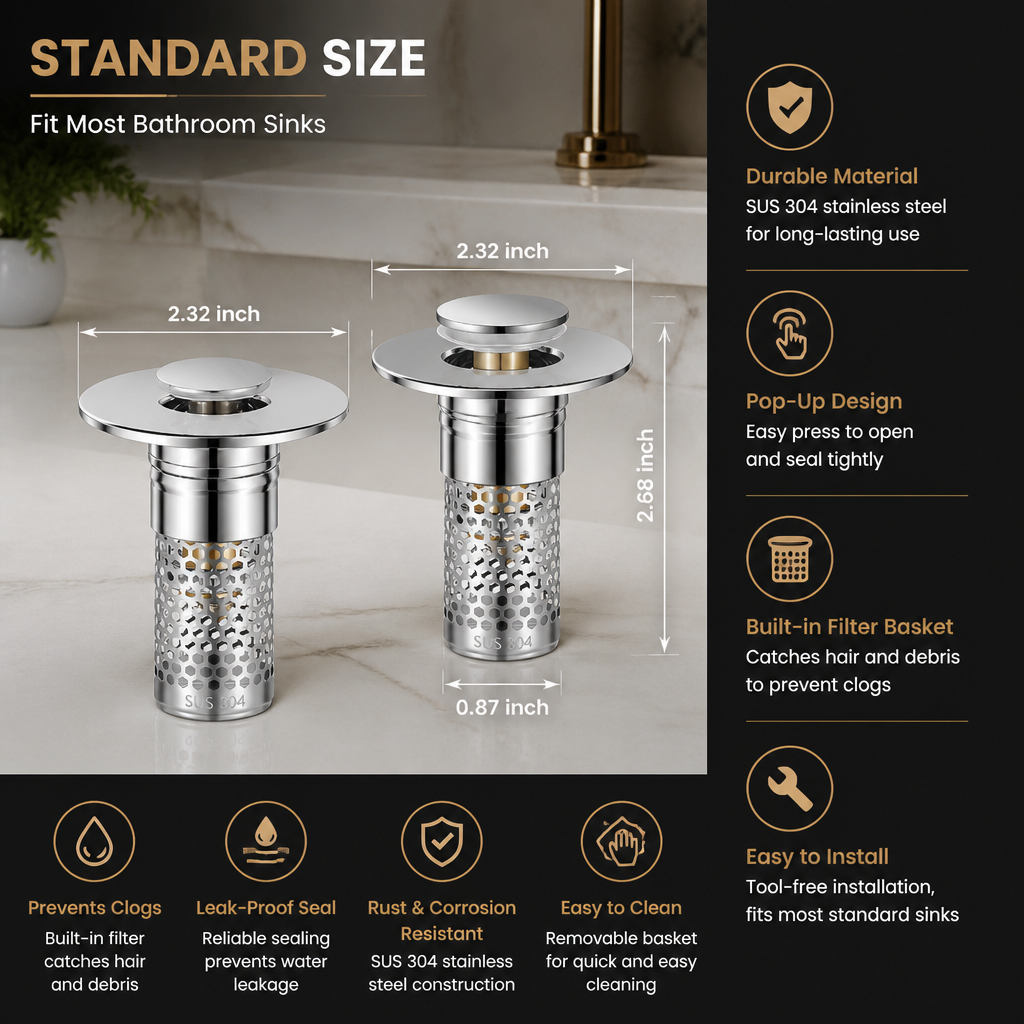 Universal Pop-Up Bathroom Sink Drain Stopper with Hair Catcher & Stainless Steel Filter Basket