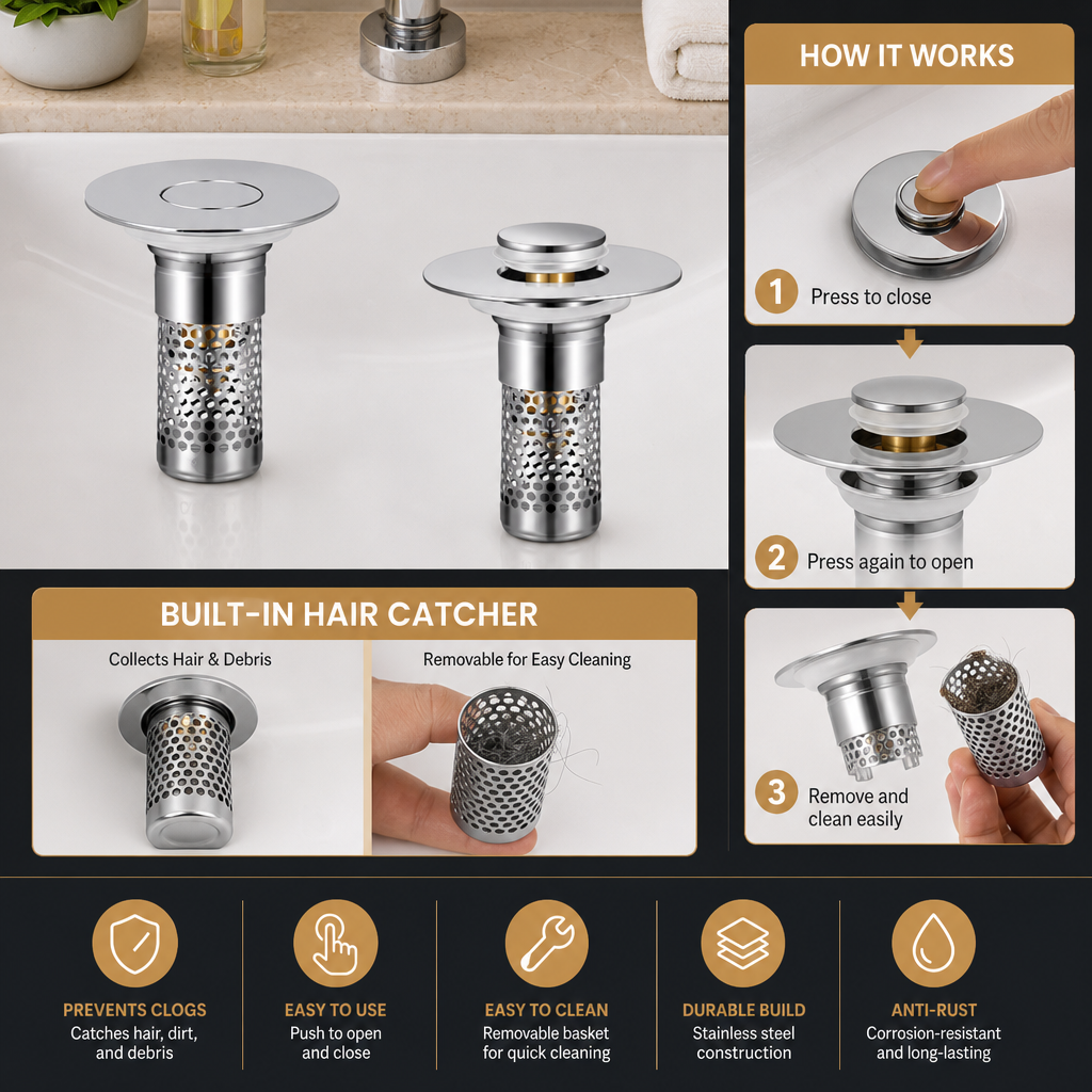 Universal Pop-Up Bathroom Sink Drain Stopper with Hair Catcher & Stainless Steel Filter Basket