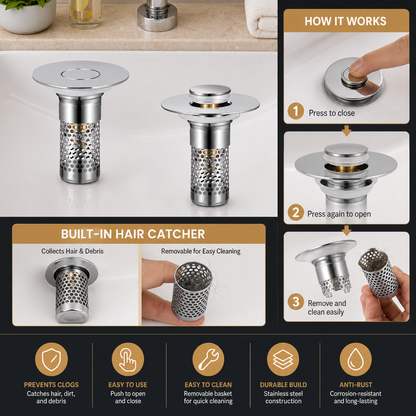 Universal Pop-Up Bathroom Sink Drain Stopper with Hair Catcher & Stainless Steel Filter Basket