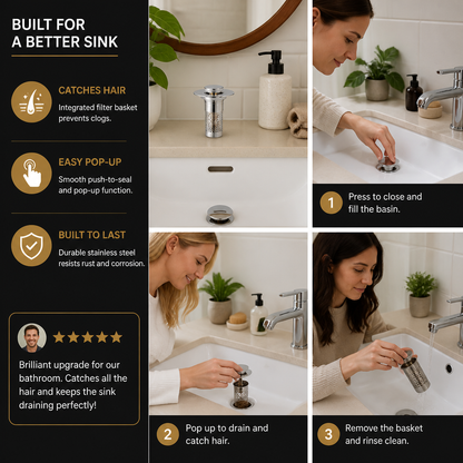 Universal Pop-Up Bathroom Sink Drain Stopper with Hair Catcher & Stainless Steel Filter Basket