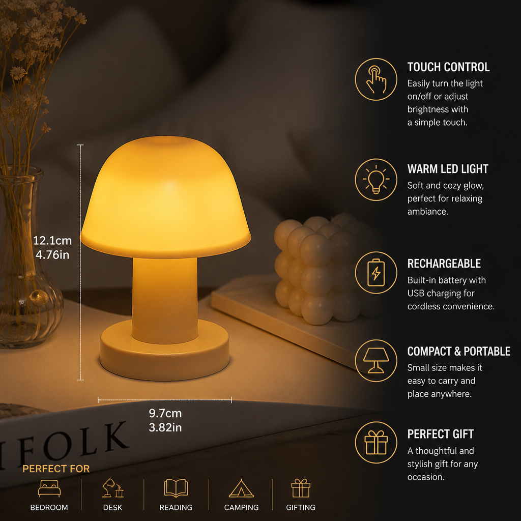 Mini Rechargeable LED Mushroom Table Lamp with Touch Control