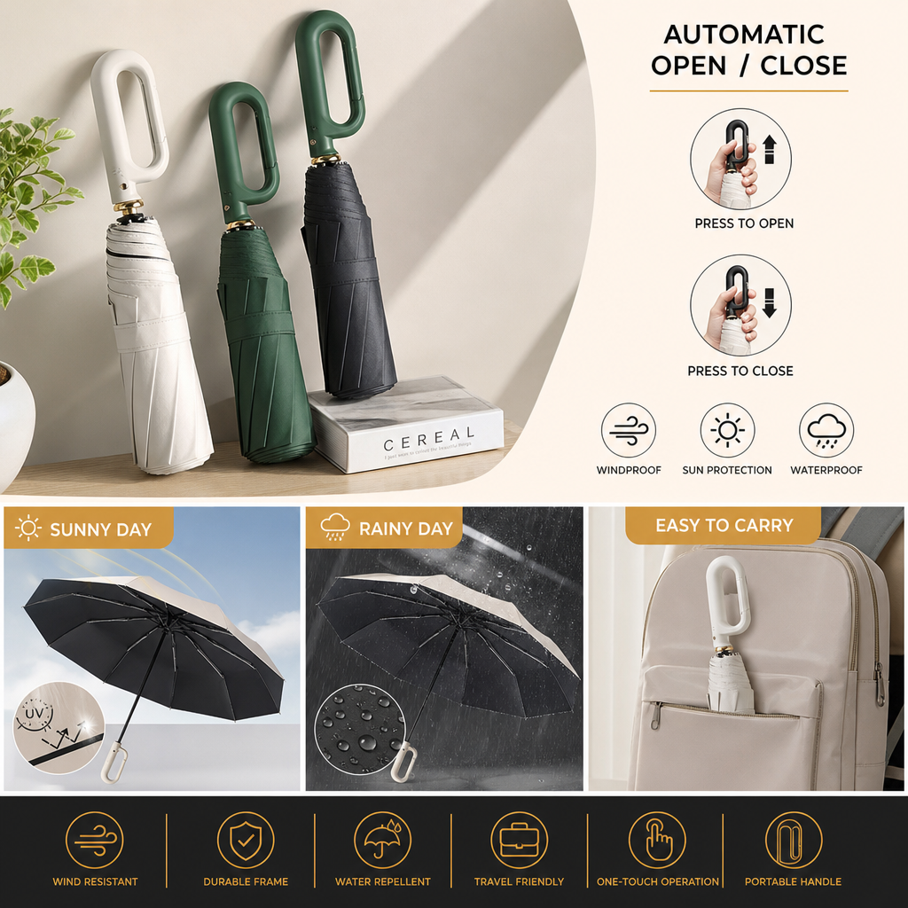 Premium Automatic Folding Umbrella for Sun & Rain – Compact & Windproof