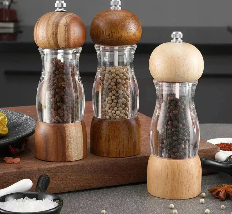 Wood and Glass Salt Pepper Mill Set