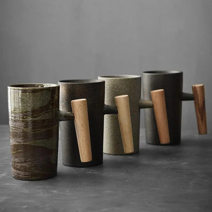 Nordic Ceramic Mug – Minimalist Coffee Cup with Wooden Handle