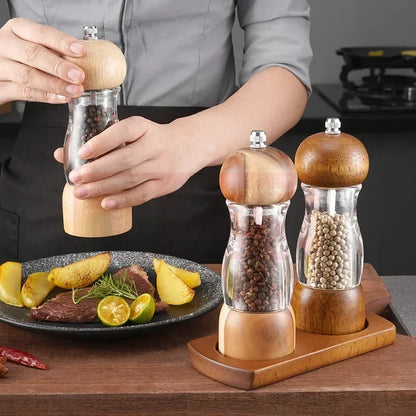 Wood and Glass Salt Pepper Mill Set