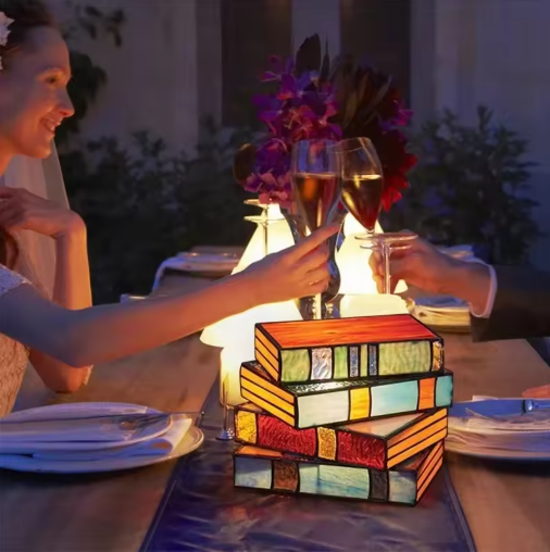 Stained Glass Book Stack Lamp
