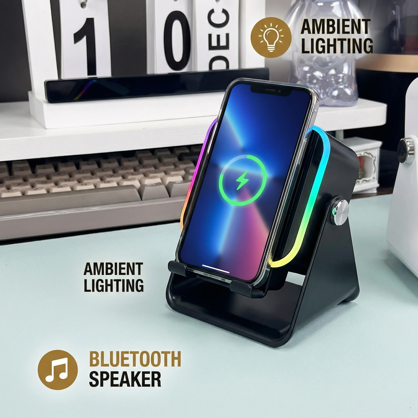 Multifunctional Bluetooth Speaker – With Lighting, Wireless Charging and Adjustable Phone Holder