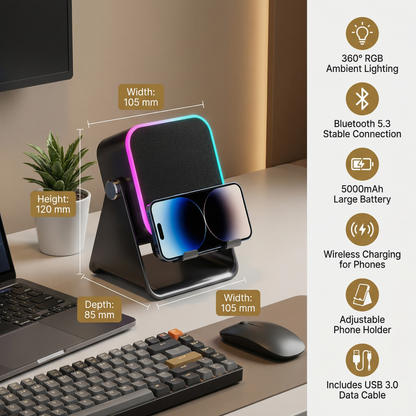 Multifunctional Bluetooth Speaker – With Lighting, Wireless Charging and Adjustable Phone Holder