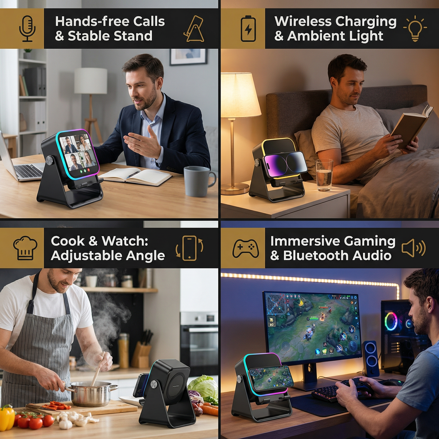 Multifunctional Bluetooth Speaker – With Lighting, Wireless Charging and Adjustable Phone Holder