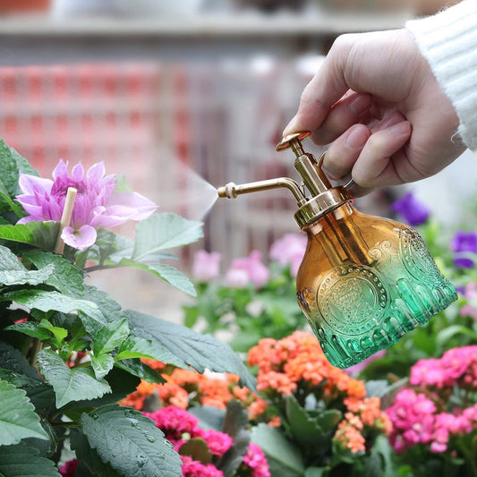 Vintage Embossed Glass Plant Sprayer with Metal Nozzle - Decorative Watering Bottle for Flowers