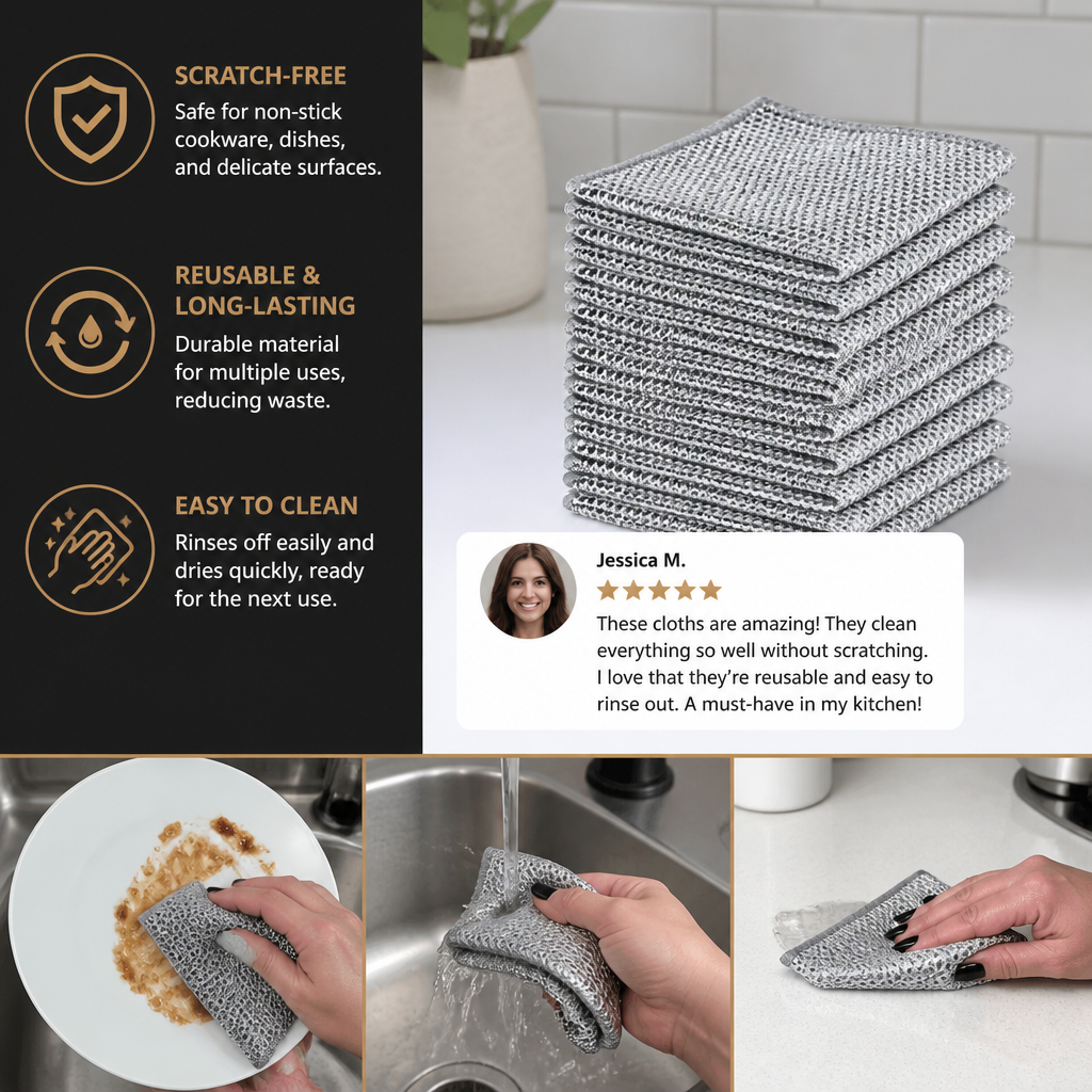 Reusable Non-Scratch Wire Dishcloths for Multipurpose Kitchen Cleaning