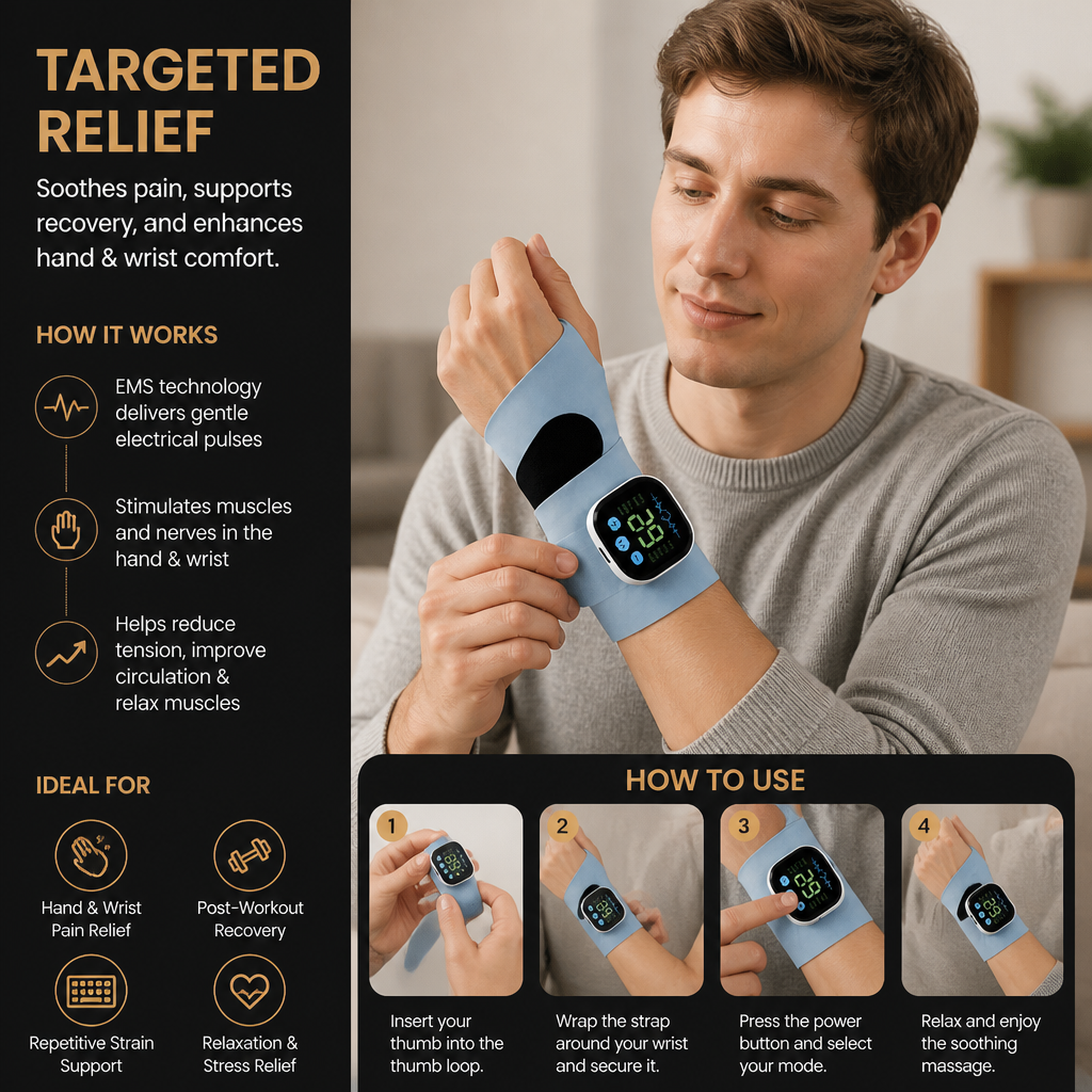 EMS Hand & Wrist Massager with 10 Modes for Pain Relief