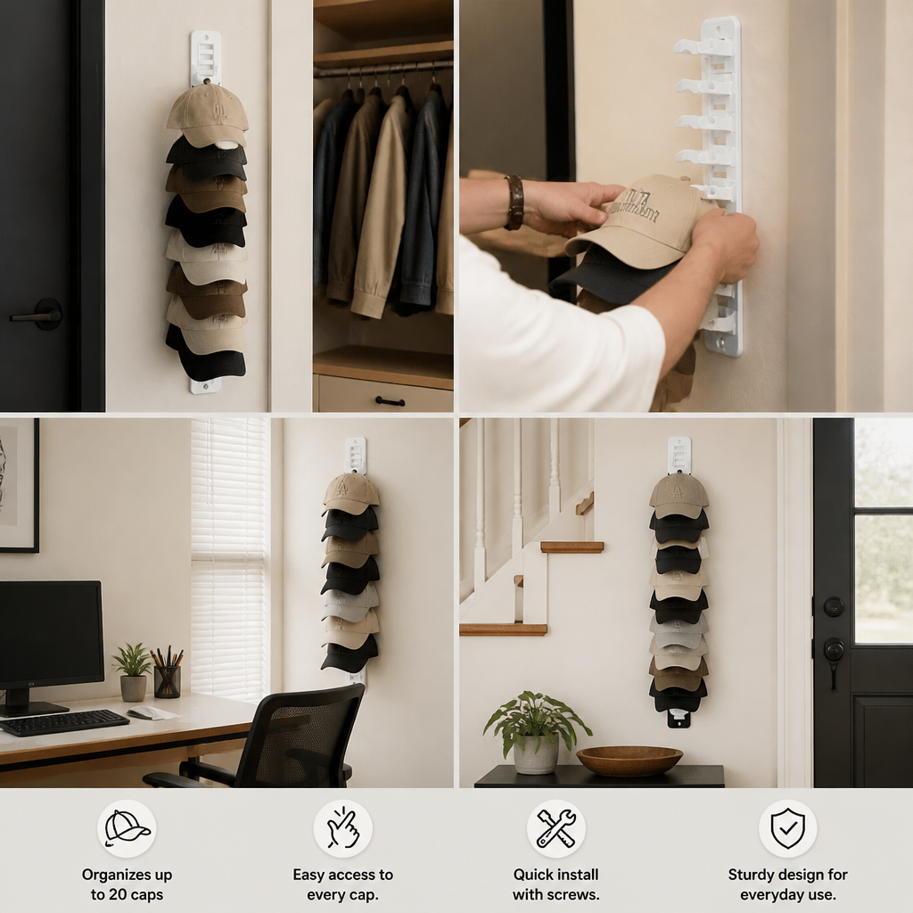 Wall-Mounted Hat Organizer – Holds Up to 20 Caps