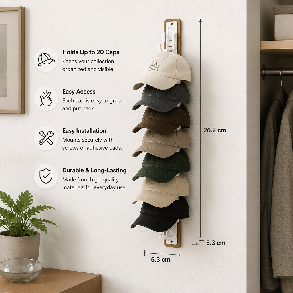 Wall-Mounted Hat Organizer – Holds Up to 20 Caps