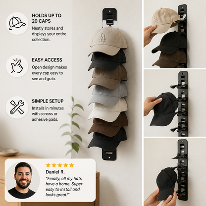 Wall-Mounted Hat Organizer – Holds Up to 20 Caps
