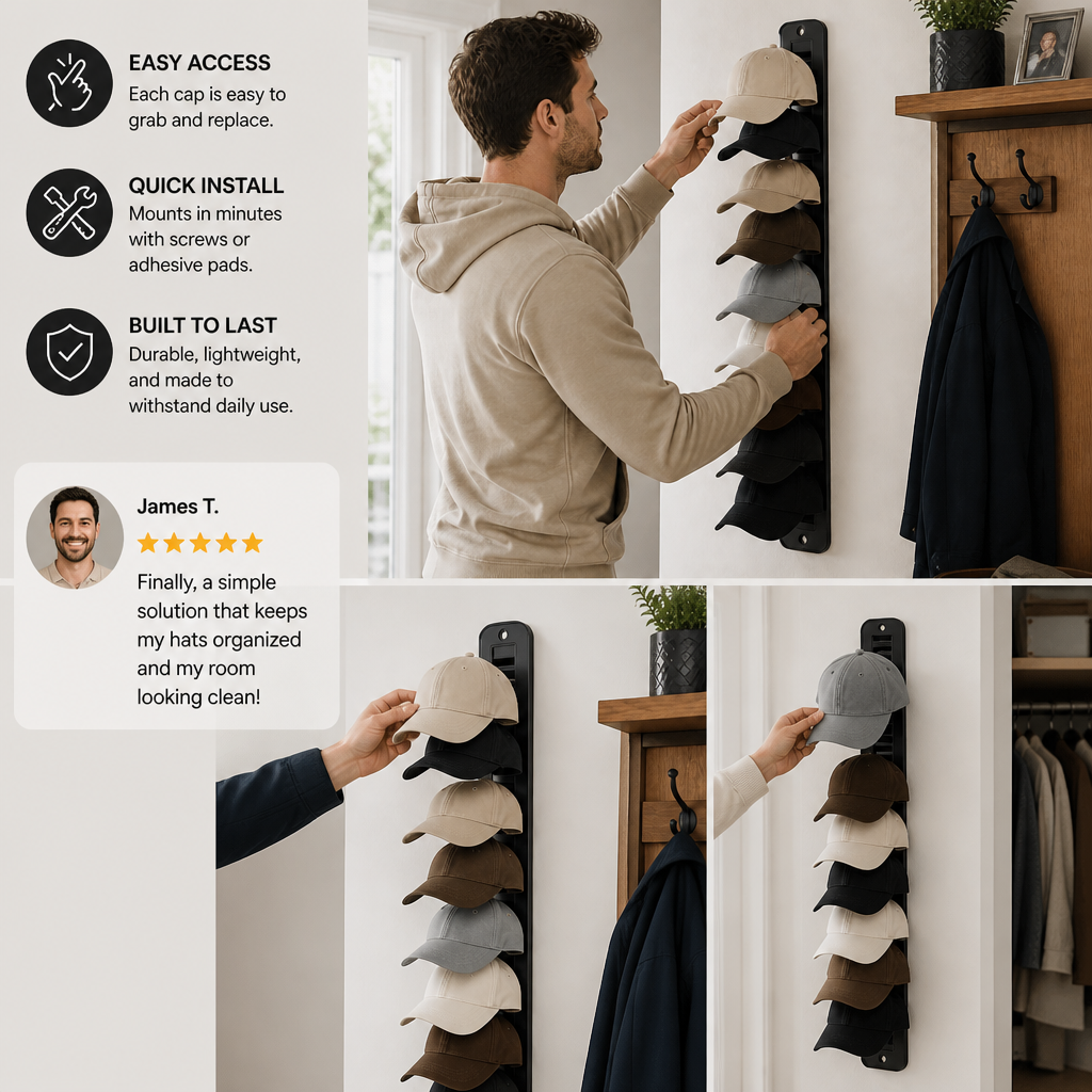 Wall-Mounted Hat Organizer – Holds Up to 20 Caps