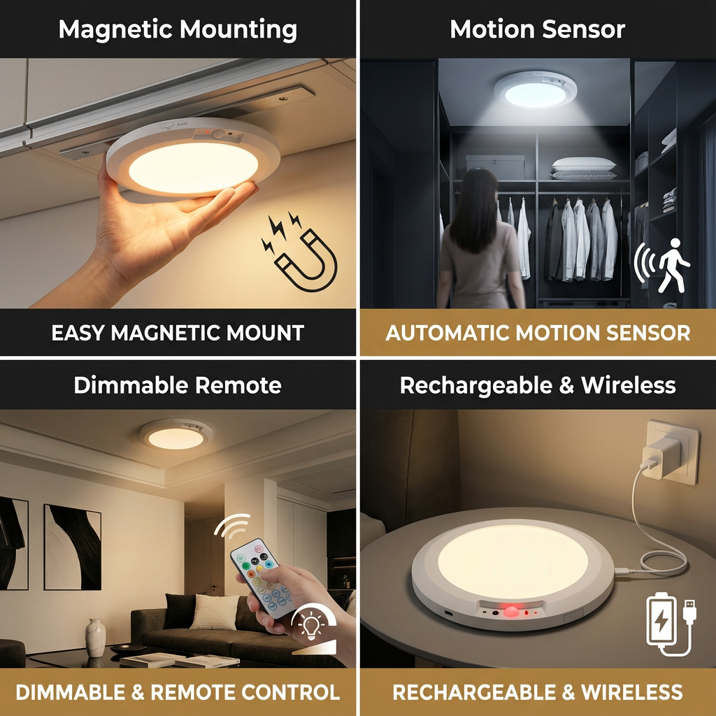 Dimmable rechargeable ceiling light with motion sensor – magnetic & wireless