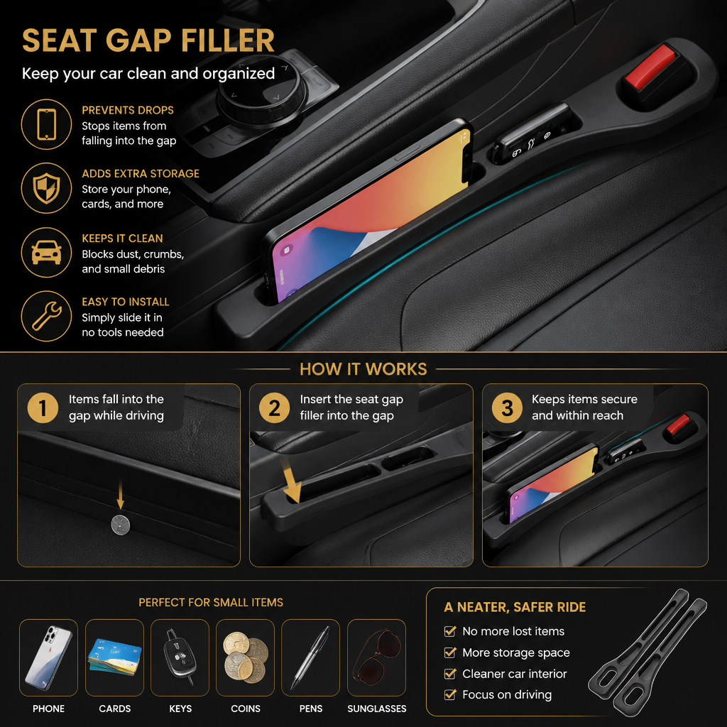 Universal Car Seat Gap Filler with Storage Function for a Cleaner Interior