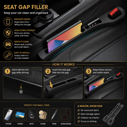 Universal Car Seat Gap Filler with Storage Function for a Cleaner Interior