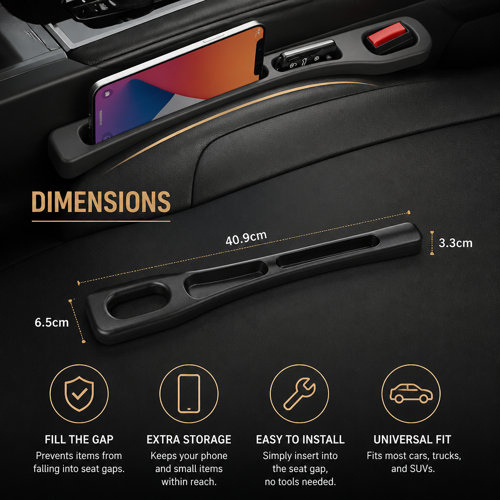 Universal Car Seat Gap Filler with Storage Function for a Cleaner Interior