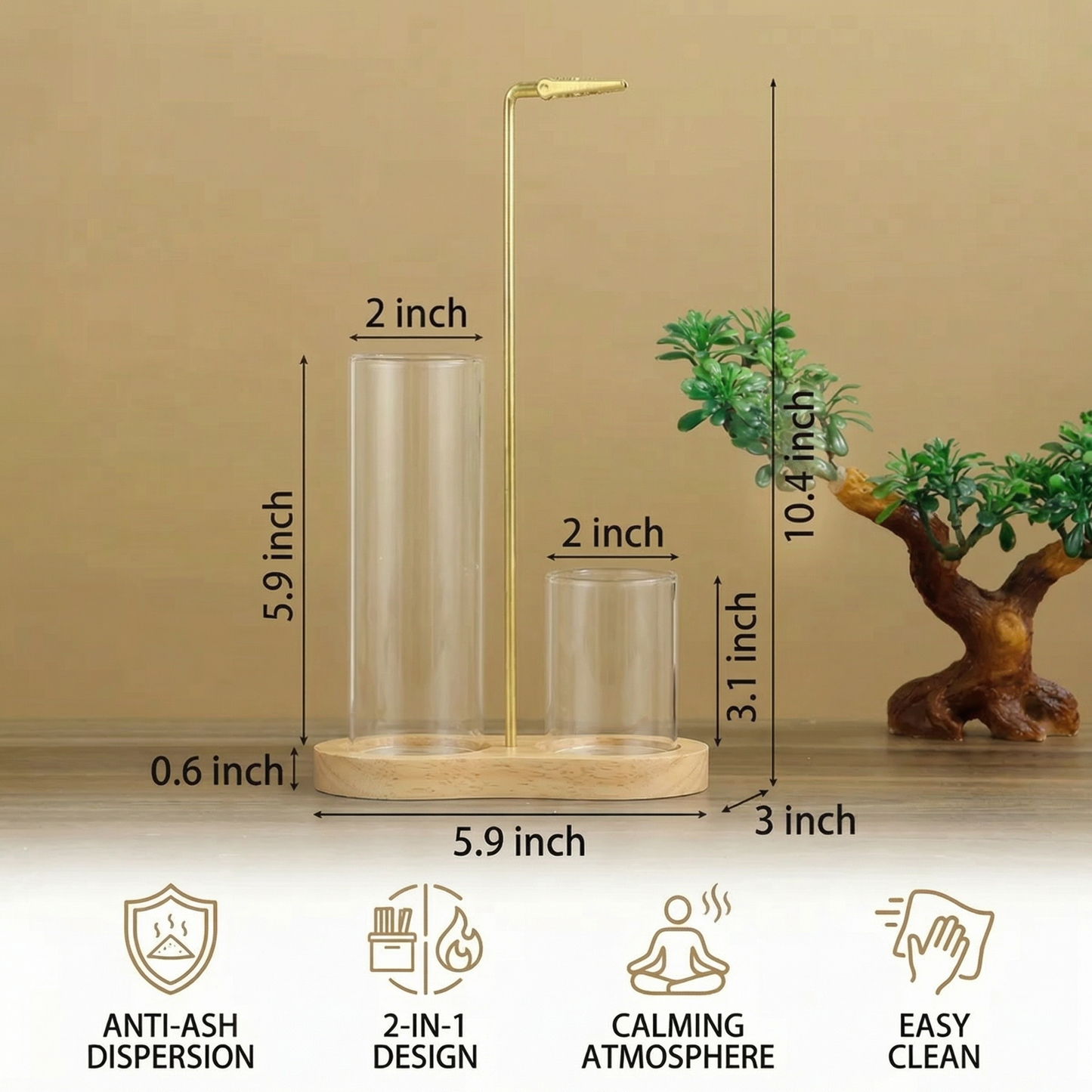 2-in-1 Incense Holder Set for Meditation and Relaxation with Glass Ash Catcher