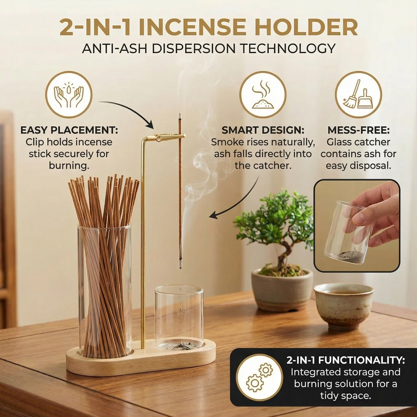 2-in-1 Incense Holder Set for Meditation and Relaxation with Glass Ash Catcher