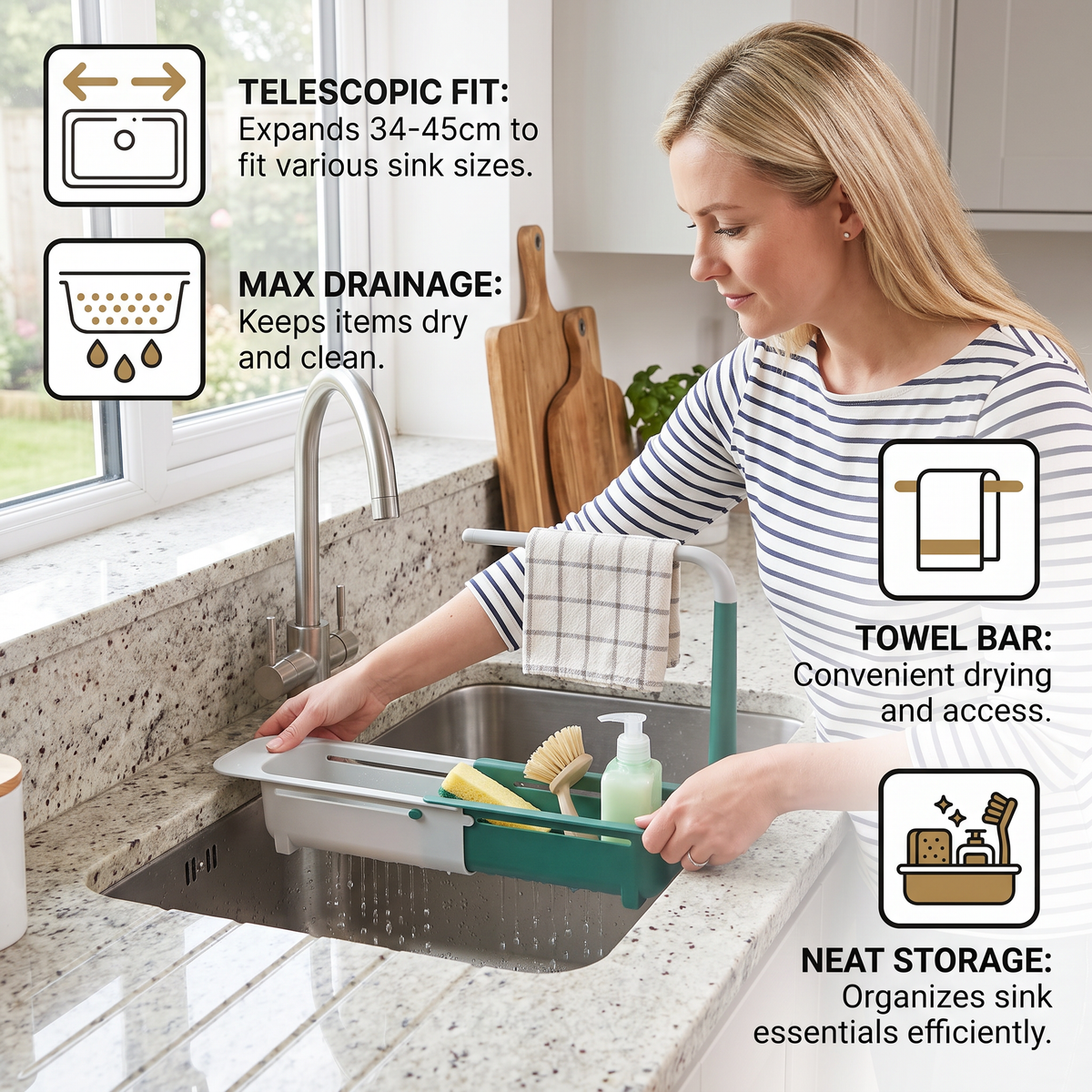 Adjustable Telescopic Sink Organizer with Drainage Basket & Towel Bar