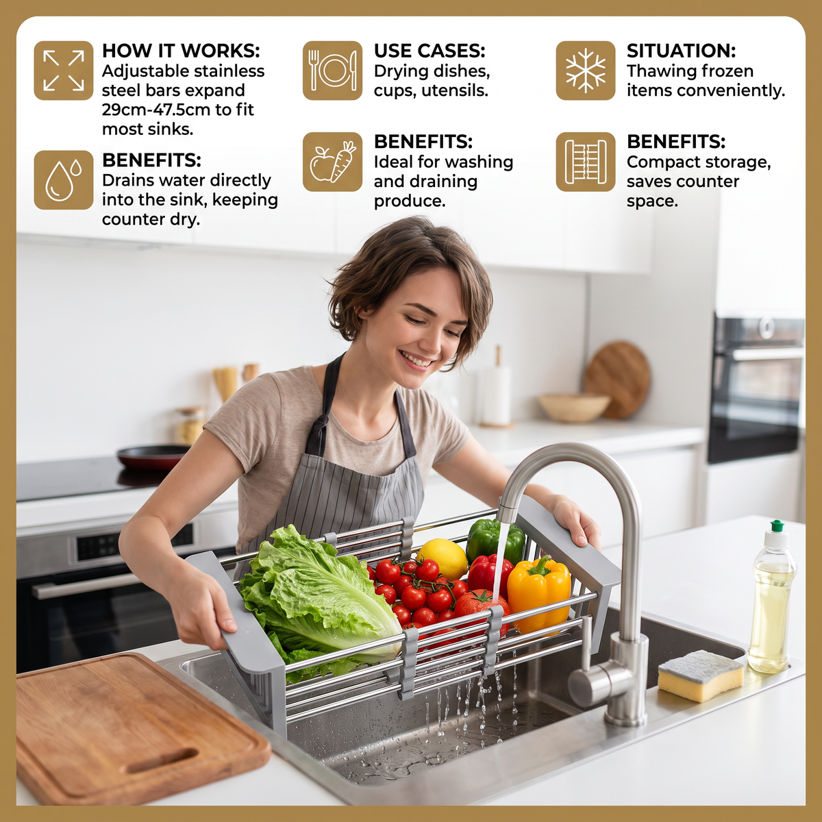 Adjustable Over-the-Sink Dish Drying Rack & Produce Drainer