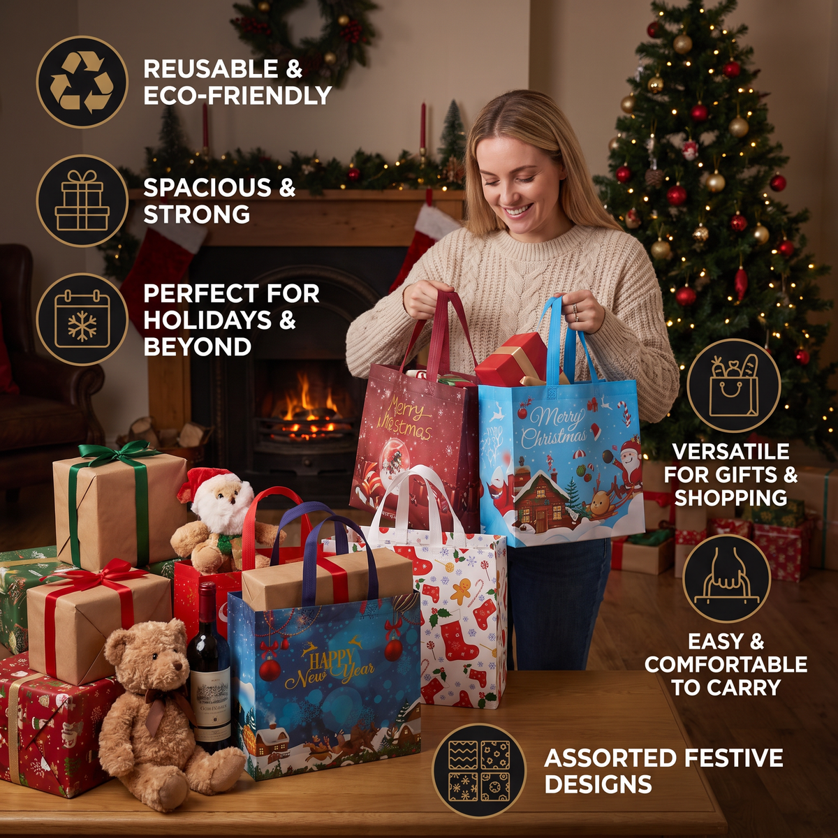 Reusable Christmas Gift Bags with Handles – Assorted Holiday Designs