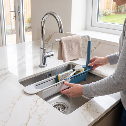 Adjustable Telescopic Sink Organizer with Drainage Basket & Towel Bar