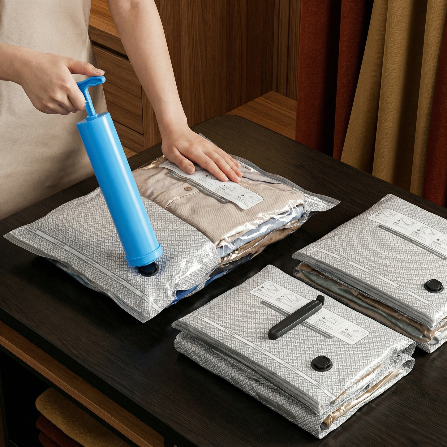 Travel vacuum storage bag set with rechargeable air pump