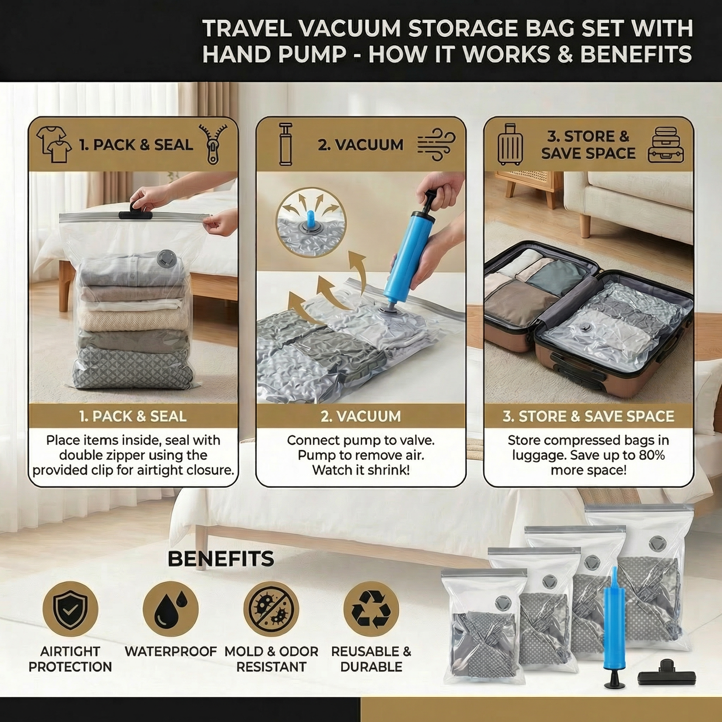 Travel vacuum storage bag set with rechargeable air pump