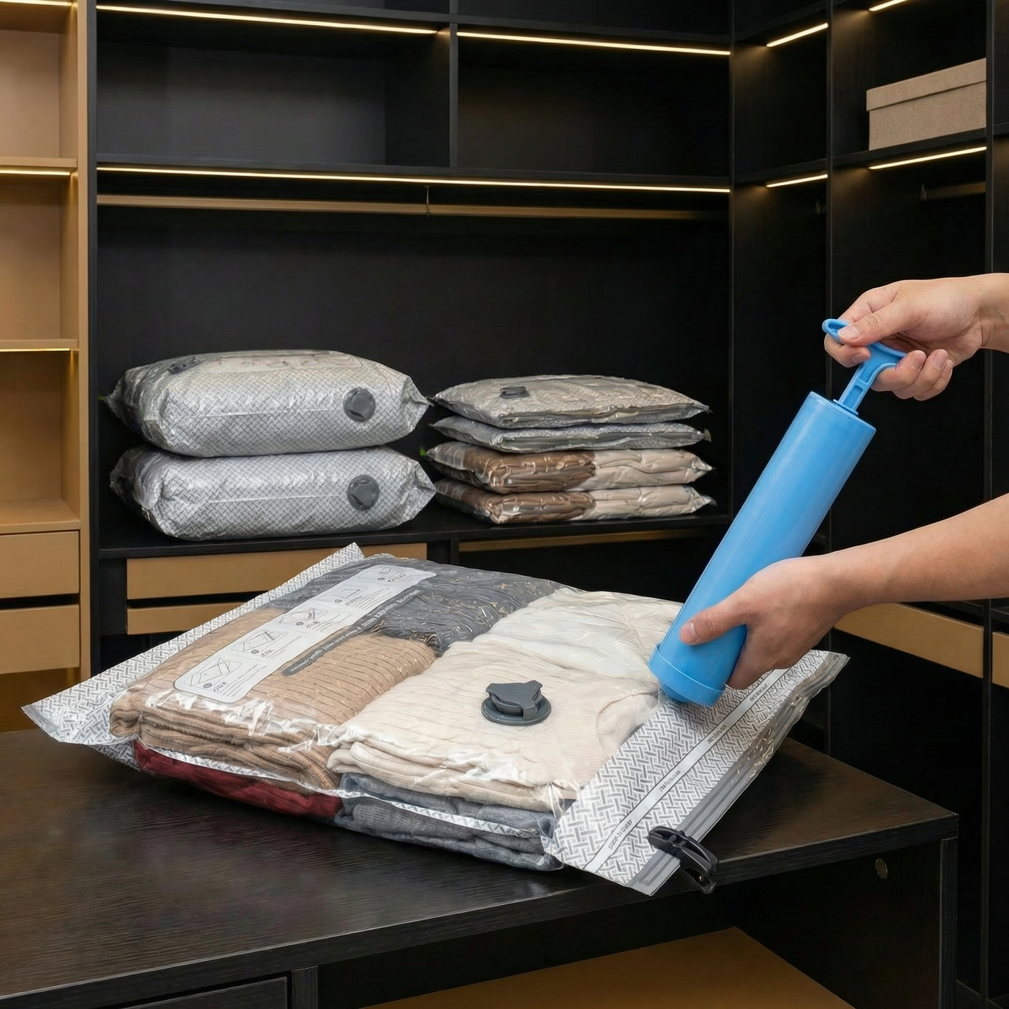 Travel vacuum storage bag set with rechargeable air pump