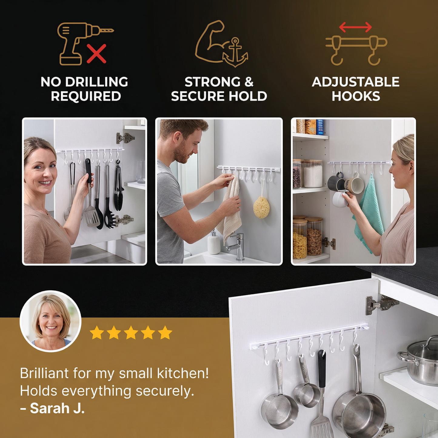 Self-Adhesive Hook Rail for Kitchen and Bathroom – Strong hold and no drilling required (2 pieces)