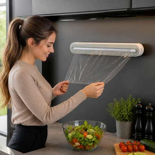 Magnetic Wall-Mounted Foil & Plastic Wrap Dispenser with Safety Cutter